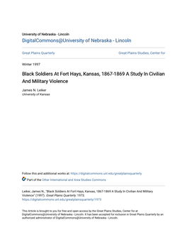 Black Soldiers at Fort Hays, Kansas, 1867-1869 a Study in Civilian and Military Violence
