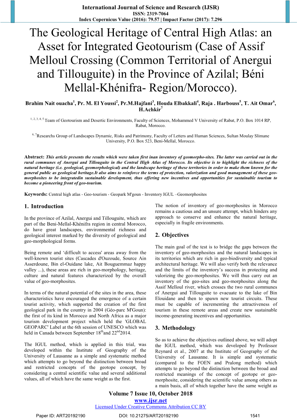 The Geological Heritage of Central High Atlas: an Asset for Integrated