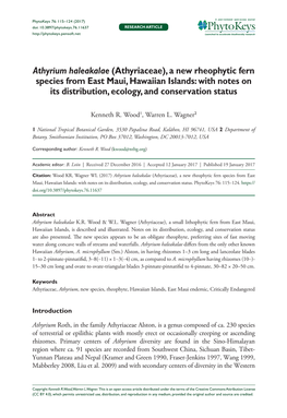 A New Rheophytic Fern Species from East Maui, Hawaiian Islands: with Notes on Its Distribution, Ecology, and Conservation Status