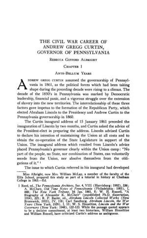 ANDREW GREGG CURTIN, GOVERNOR of PENNSYLVANIA Rebecca Gifford Albright Chapter 1 Ante-Bellum Years