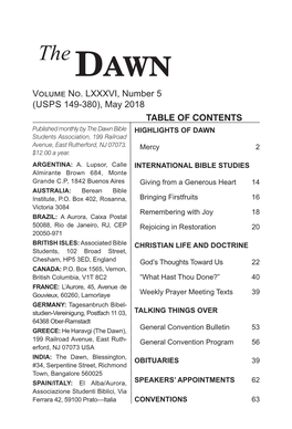 May 2018 TABLE of CONTENTS Published Monthly by the Dawn Bible HIGHLIGHTS of DAWN Students Association, 199 Railroad Avenue, East Rutherford, NJ 07073