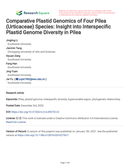 (Urticaceae) Species: Insight Into Interspeci C Plastid Genome