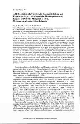 (Nematoda: Heteroxynematidae) Parasite of Domestic Mongolian Gerbils, Meriones Unguiculatus Milne-Edwards