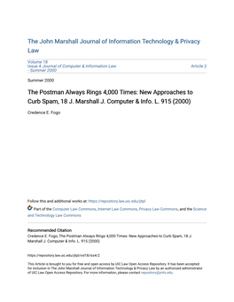 The Postman Always Rings 4000 Times: New Approaches to Curb Spam, 18 J. Marshall J. Computer & Info. L