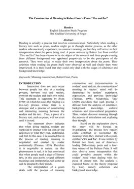 The Construction of Meaning in Robert Frost's Poem “Fire and Ice” Hendra English Education Study Program Ibn Khaldun Univ