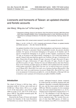 Liverworts and Hornworts of Taiwan: an Updated Checklist and Floristic Accounts