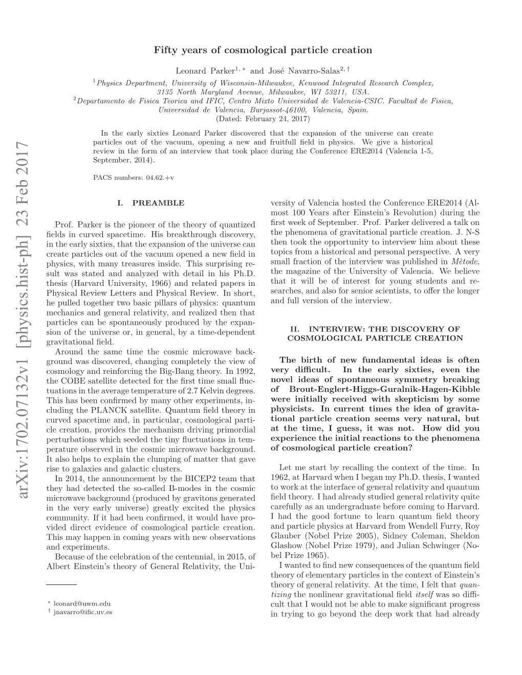 Arxiv:1702.07132V1 [Physics.Hist-Ph] 23 Feb 2017 Letenti’ Hoyo Eea Eaiiy H Uni- the Relativity, General of Theory Einstein’S Albert Observations New with Creation