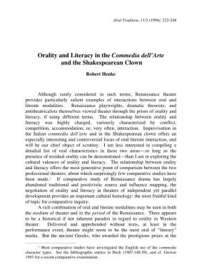 Orality and Literacy in the Commedia Dell'arte and The