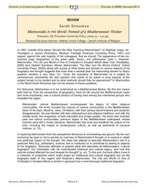 Maimonides in His World: Portrait of a Mediterranean Thinker Princeton, NJ: Princeton University Press, 2009, Xx + 222 Pp