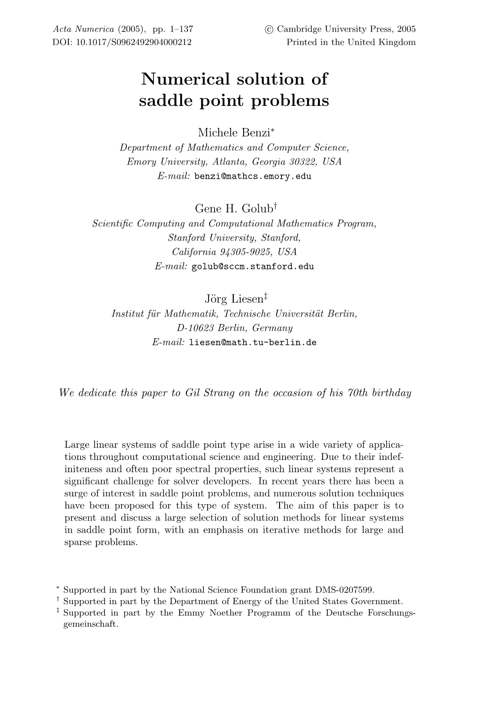 Numerical Solution of Saddle Point Problems