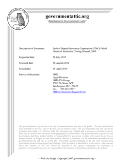 Federal Deposit Insurance Corporation (FDIC) Failed Financial Institution Closing Manual, 2009