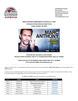 MARC ANTHONY ANNOUNCES the OPUS U.S. TOUR Coming to Citizens Business Bank Arena Friday, October 18, 2019