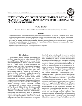 Ethnobotany and Conservation Status of Saponin Rich Plants of Gangetic Plain Having Both Medicinal and Cleansing Properties