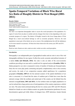 Spatio-Temporal Variations of Block Wise Rural Sex Ratio of Hooghly District in West Bengal (2001- 2011)