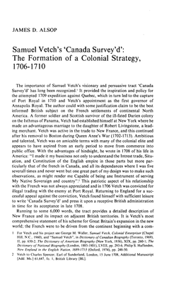 Samuel Vetch's 'Canada Survey'd': the Formation of a Colonial Strategy, 1706-1710