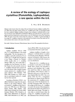 A Review of the Ecology of Lophopus Crystallinus (Plumatellida, Lophopodidae), a Rare Species Within the U.K