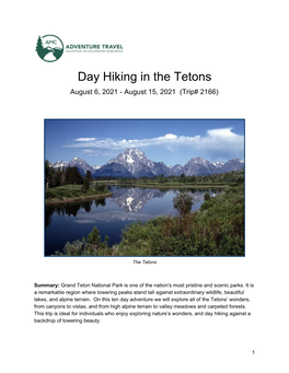 Day Hiking in the Tetons August 6, 2021 - August 15, 2021 (Trip# 2166)