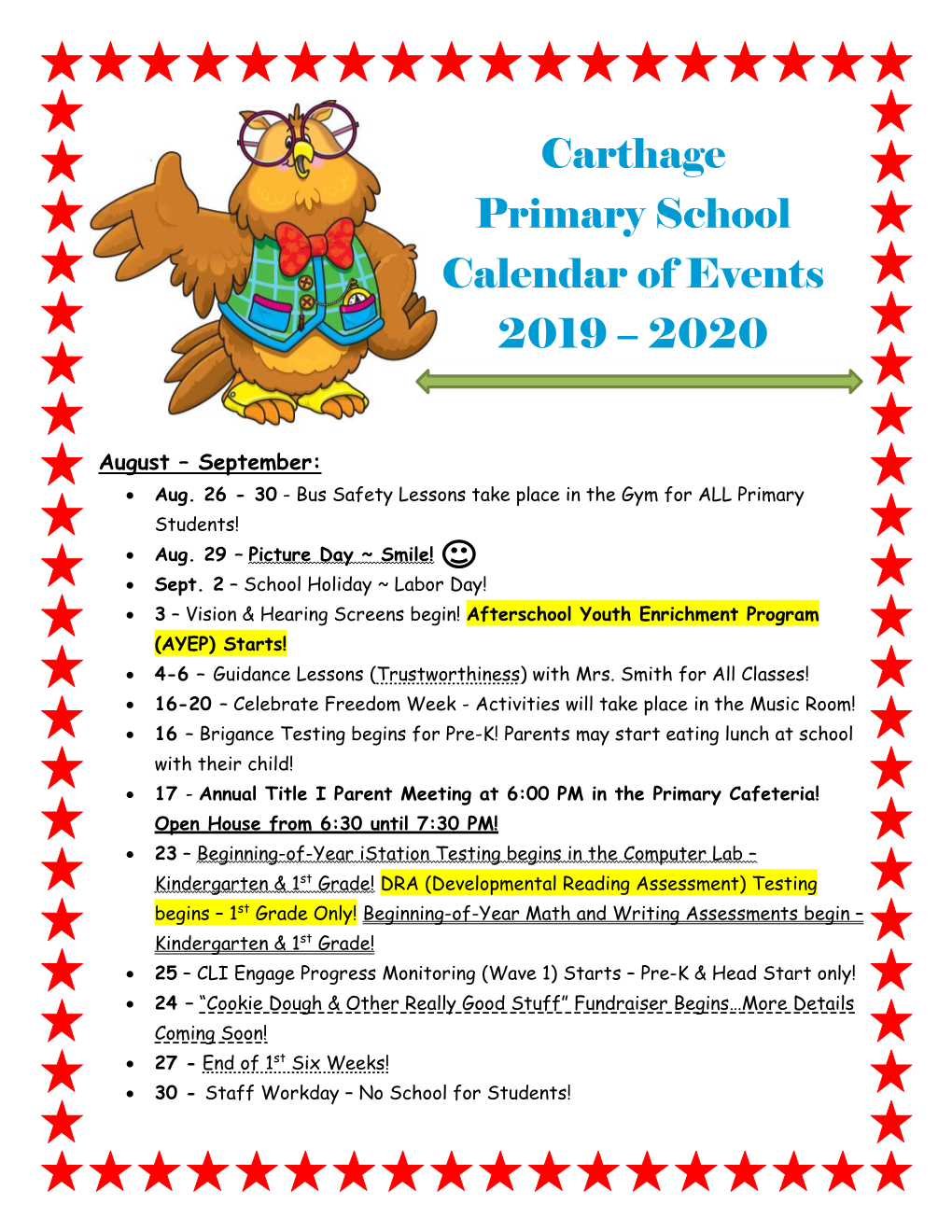 Carthage Primary School Calendar of Events 2019 – 2020