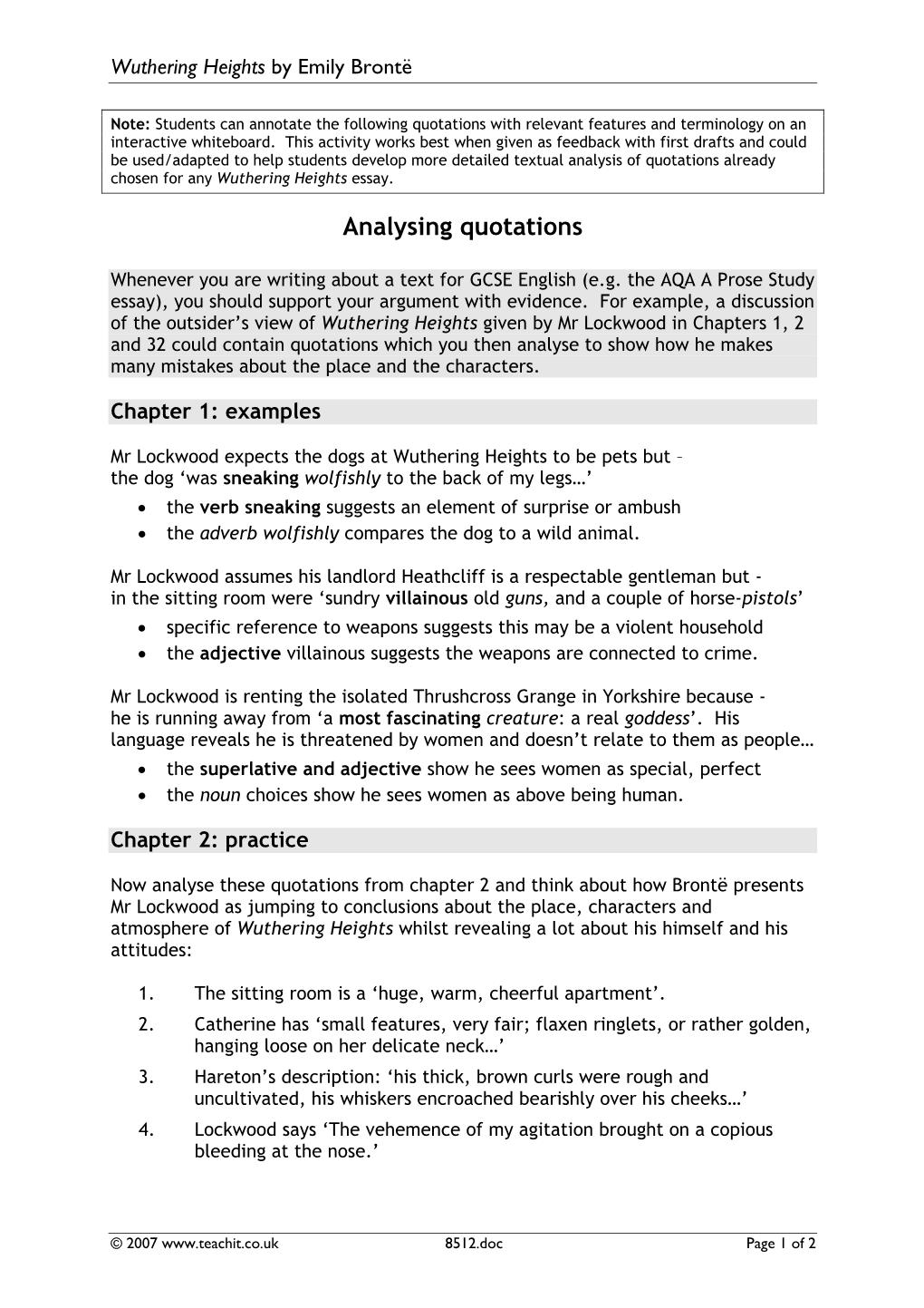 Wuthering Heights by Emily Bronte – Analysing Quotes