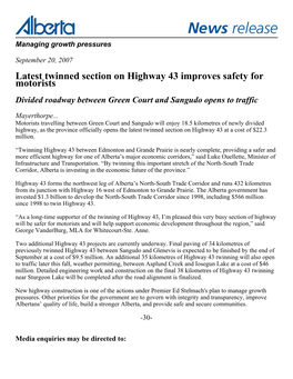 Latest Twinned Section on Highway 43 Improves Safety for Motorists Divided Roadway Between Green Court and Sangudo Opens to Traffic