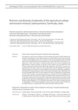 Richness and Diversity of Odonates of the Agricultural College and Research Institute, Vazhavachanur, Tamilnadu, India