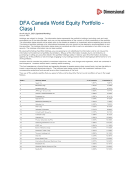 DFA Canada World Equity Portfolio - Class I As of July 31, 2021 (Updated Monthly) Source: RBC Holdings Are Subject to Change