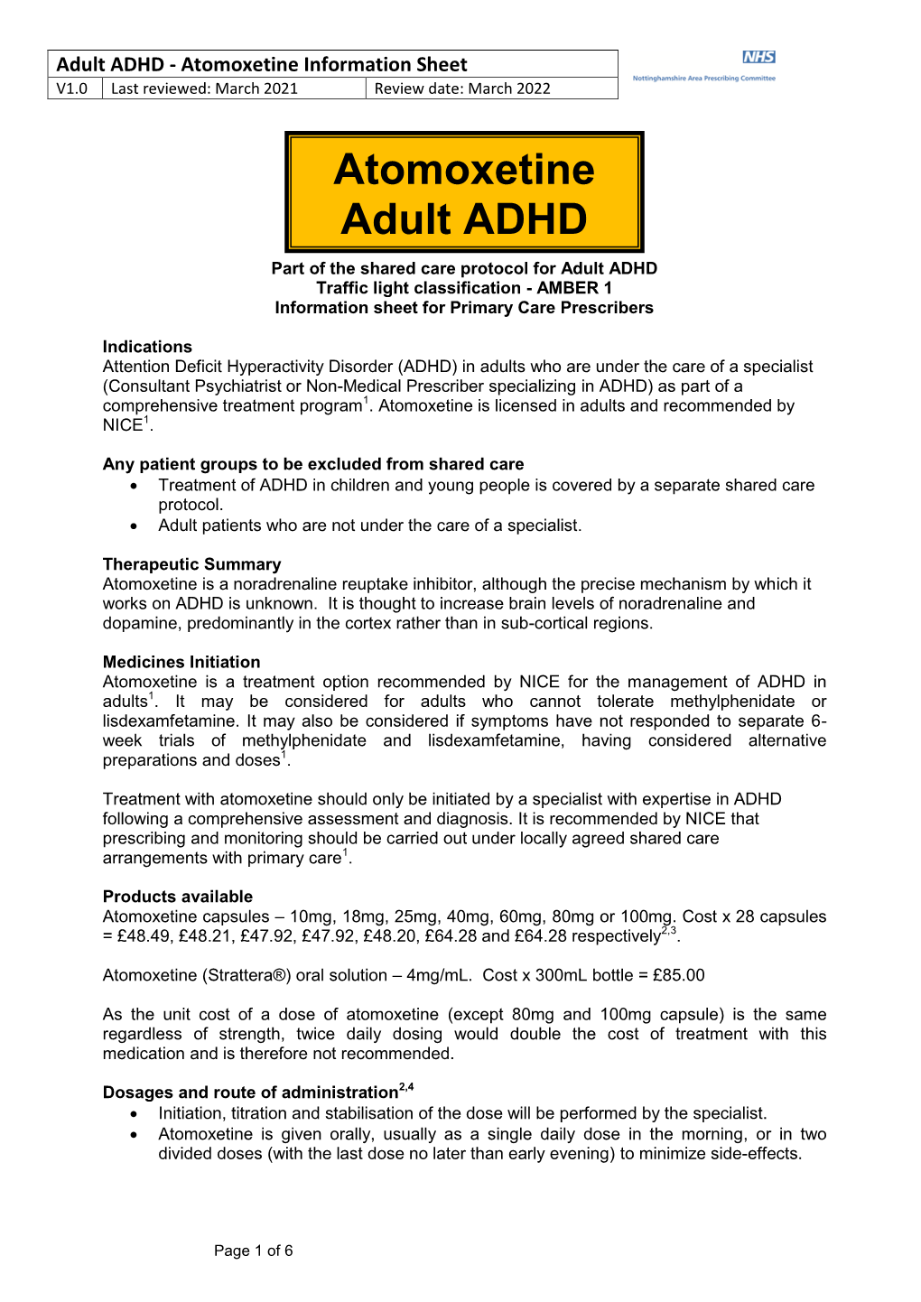 ADHD Adult- Atomoxetine Information Sheet
