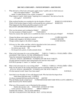 2001 Njcl Certamen -- Novice Division -- Round One