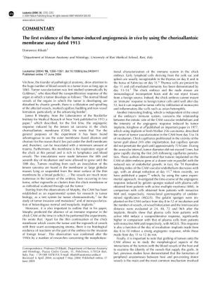 COMMENTARY the First Evidence of the Tumor-Induced Angiogenesis in Vivo by Using the Chorioallantoic Membrane Assay Dated 1913
