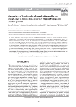 Comparison of Female and Male Vocalization and Larynx Morphology in the Size Dimorphic Foot-Flagging Frog