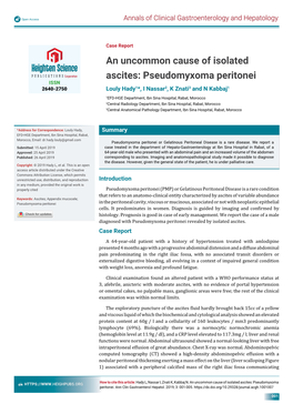 An Uncommon Cause of Isolated Ascites: Pseudomyxoma Peritonei ISSN 2640-2750 Louly Hady1*, I Nassar2, K Znati3 and N Kabbaj1