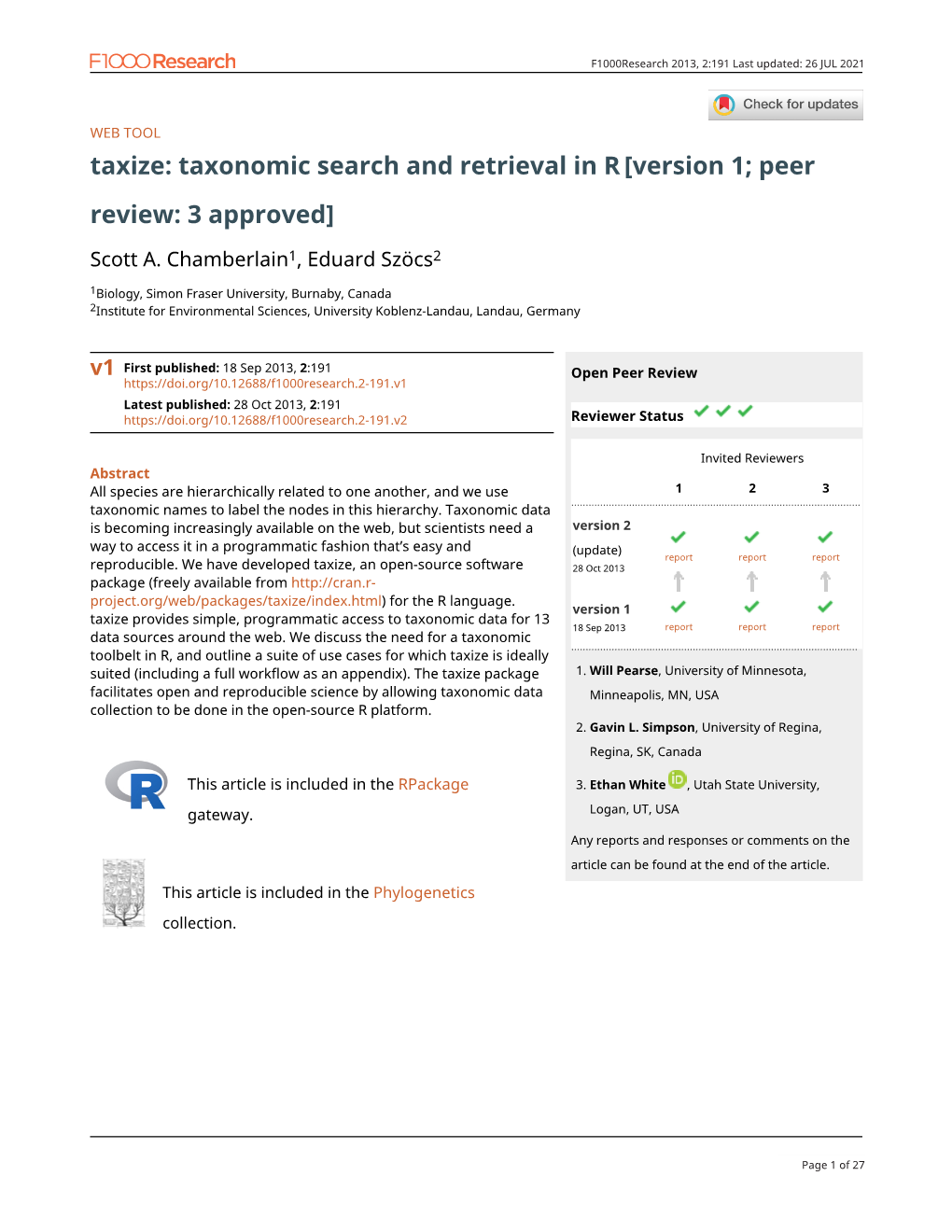 Taxize: Taxonomic Search and Retrieval in R[Version 1; Peer Review: 3