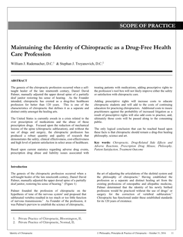 Maintaining the Identity of Chiropractic As a Drug-Free Health Care Profession