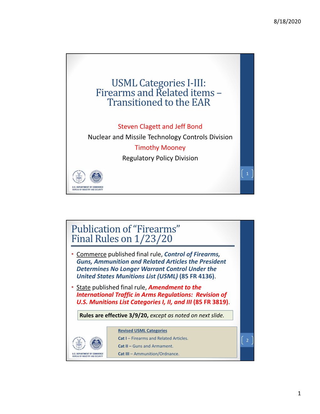 USML Categories I‐III: Firearms and Related Items – Transitioned to the EAR