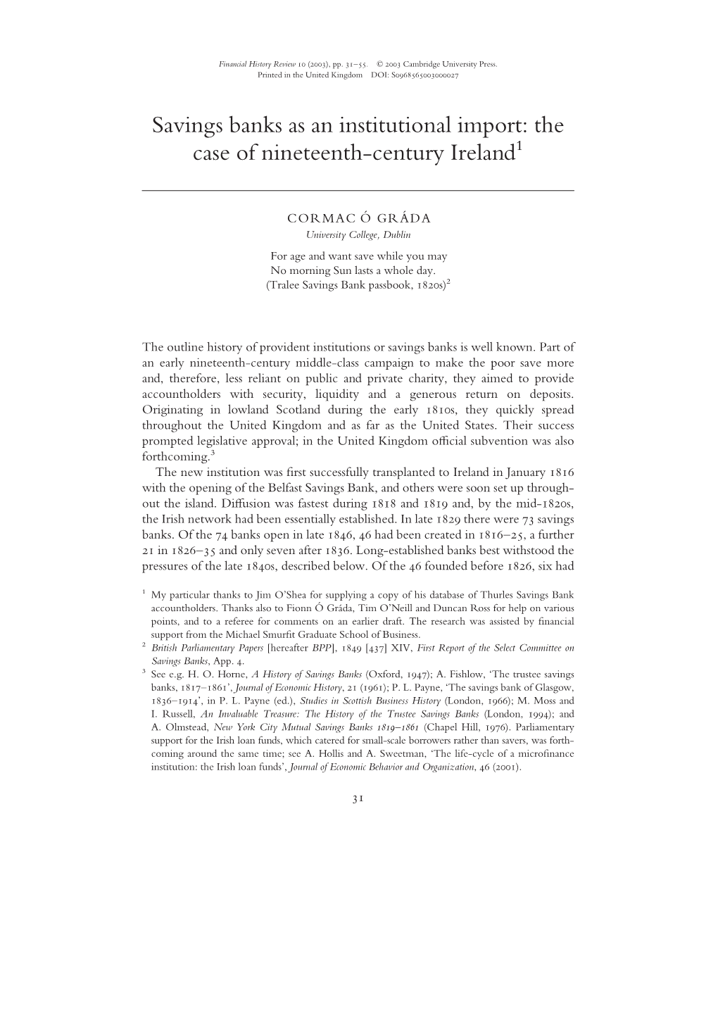 Savings Banks As an Institutional Import: the Case of Nineteenth-Century Ireland1