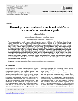 Pawnship Labour and Mediation in Colonial Osun Division of Southwestern Nigeria