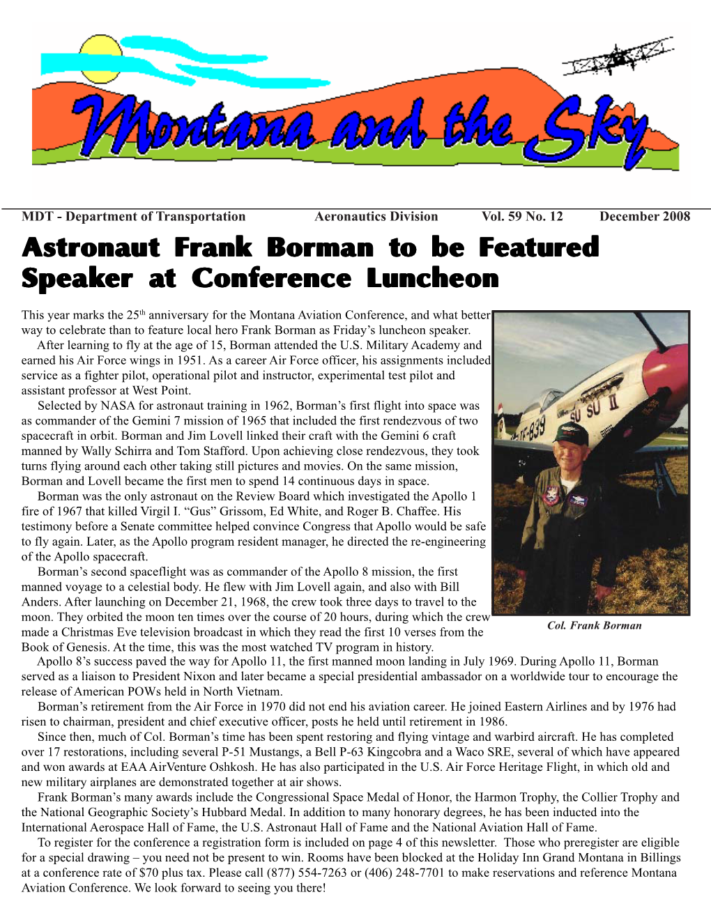Vol. 59 No. 12 December 2008 Astronaut Frank Borman to Be Featured Speaker at Conference Luncheon