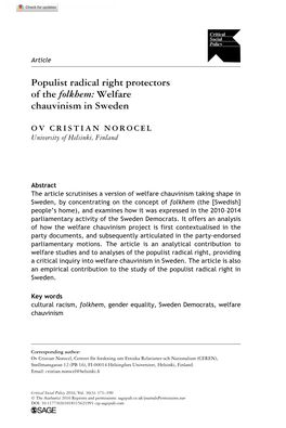 Populist Radical Right Protectors of the Folkhem: Welfare Chauvinism in Sweden