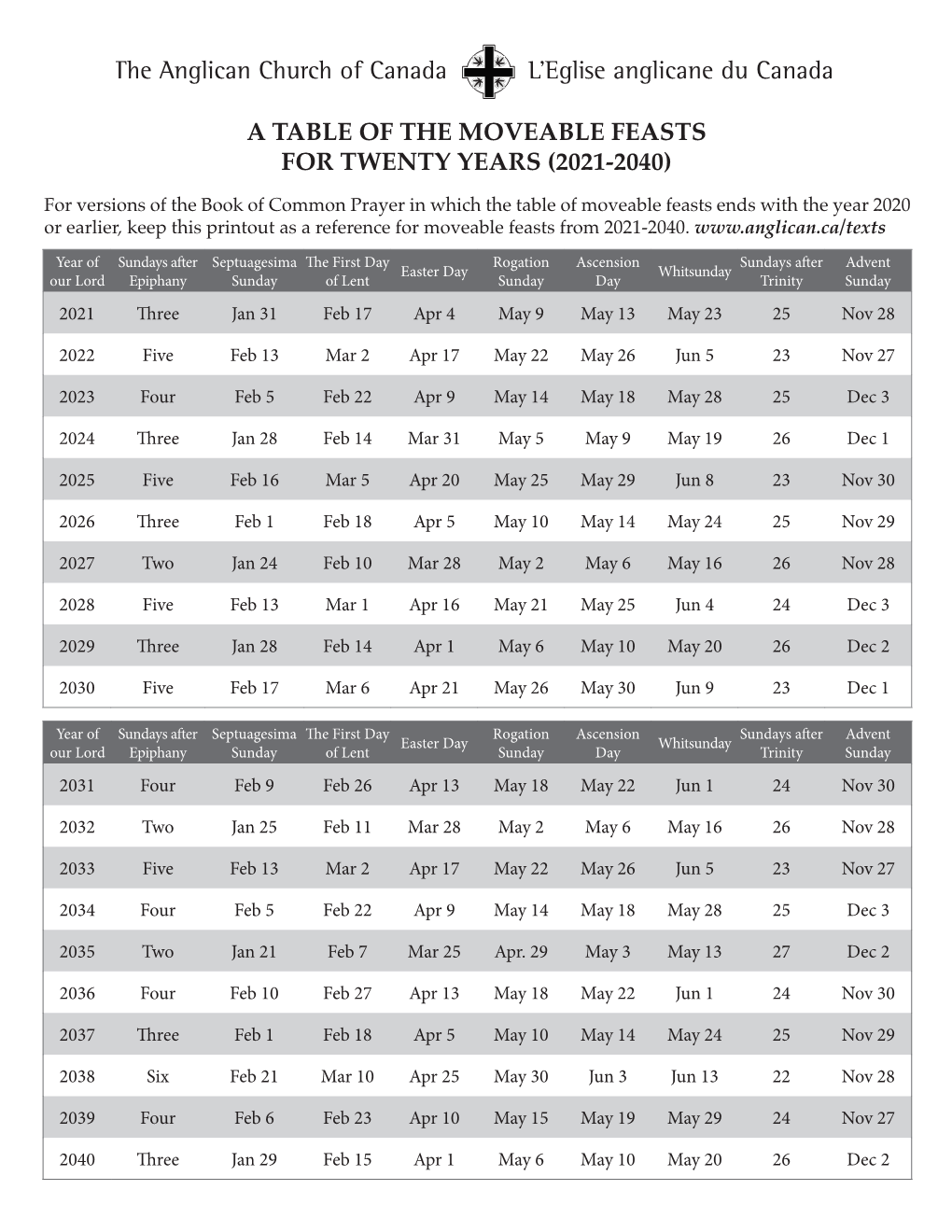 A Table of the Moveable Feasts for Twenty Years (2021-2040)