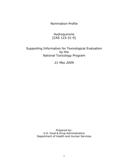 Background Document for Hydroquinone; May 21, 2009