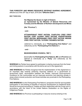 THIS FORESTRY and MINING RESOURCE REVENUE SHARING AGREEMENT, Effective As of the 30Th Day of April, 2018 (The “Effective Date”)