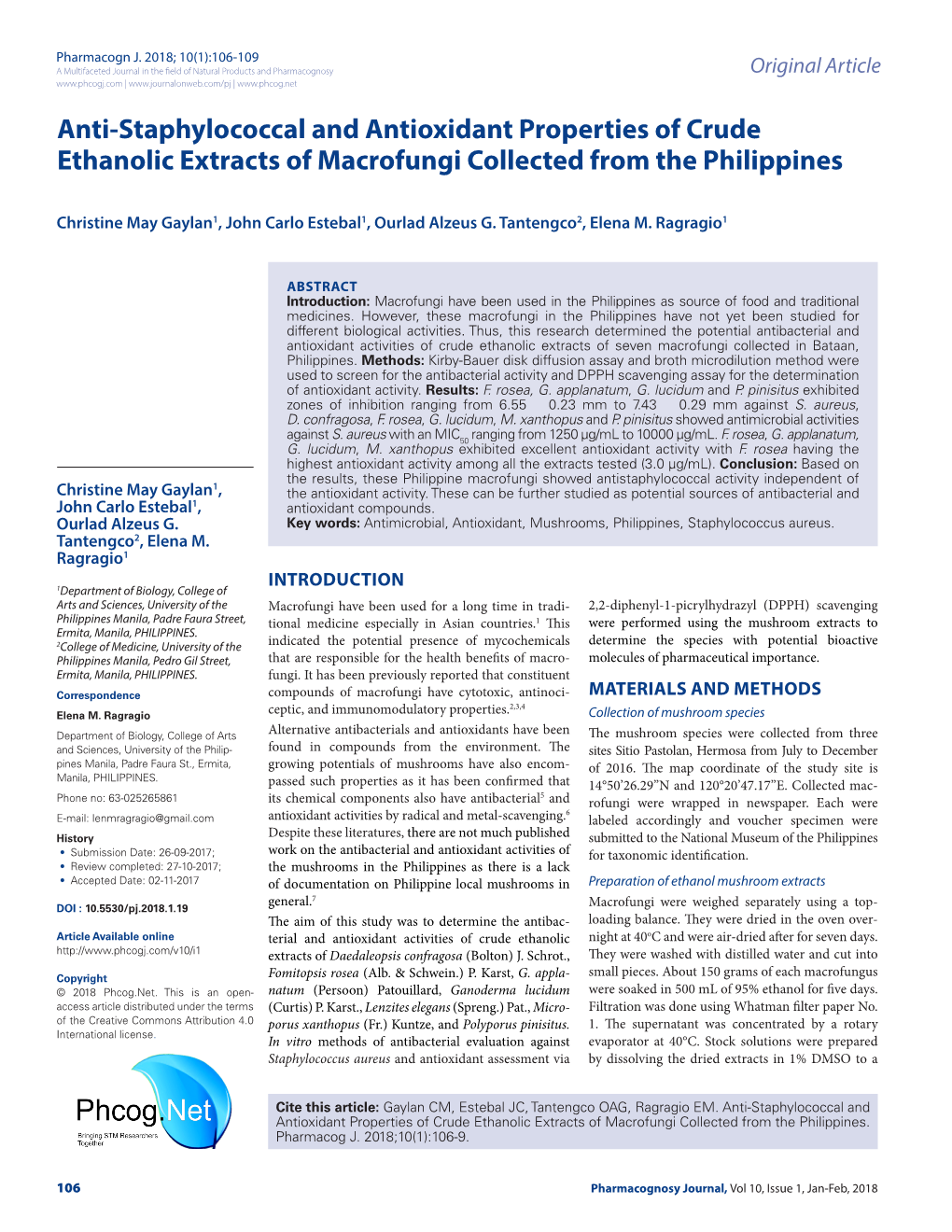 Anti-Staphylococcal and Antioxidant Properties of Crude Ethanolic Extracts of Macrofungi Collected from the Philippines