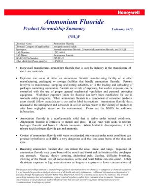 Ammonium Fluoride Product Stewardship Summary February 2012