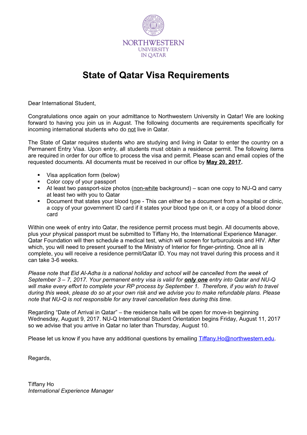 State of Qatar Visa Requirements