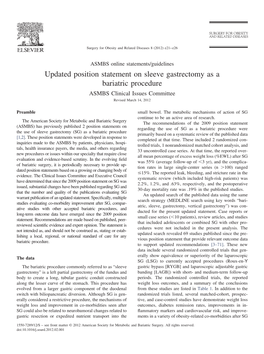 Updated Position Statement on Sleeve Gastrectomy As a Bariatric Procedure ASMBS Clinical Issues Committee Revised March 14, 2012