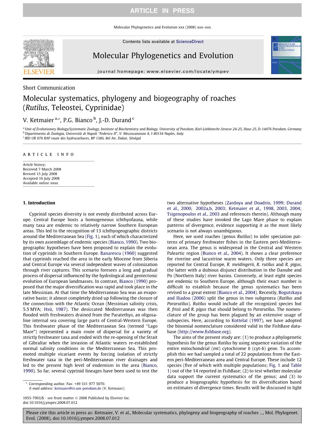 (Rutilus, Teleostei, Cyprinidae) Molecular Phylogenetics and Evolut