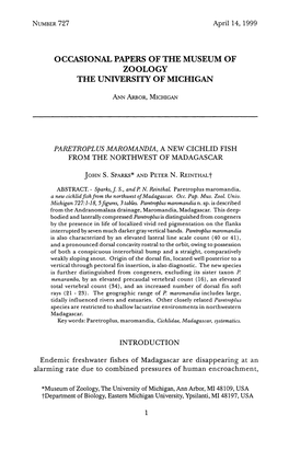 Paretroplus Maromandia, a New Cichlid Fish from the Northwest of Madagascar