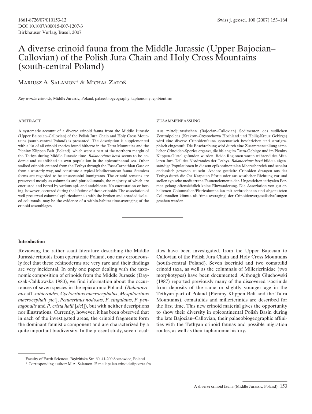 Upper Bajocian– Callovian) of the Polish Jura Chain and Holy Cross Mountains (South-Central Poland)