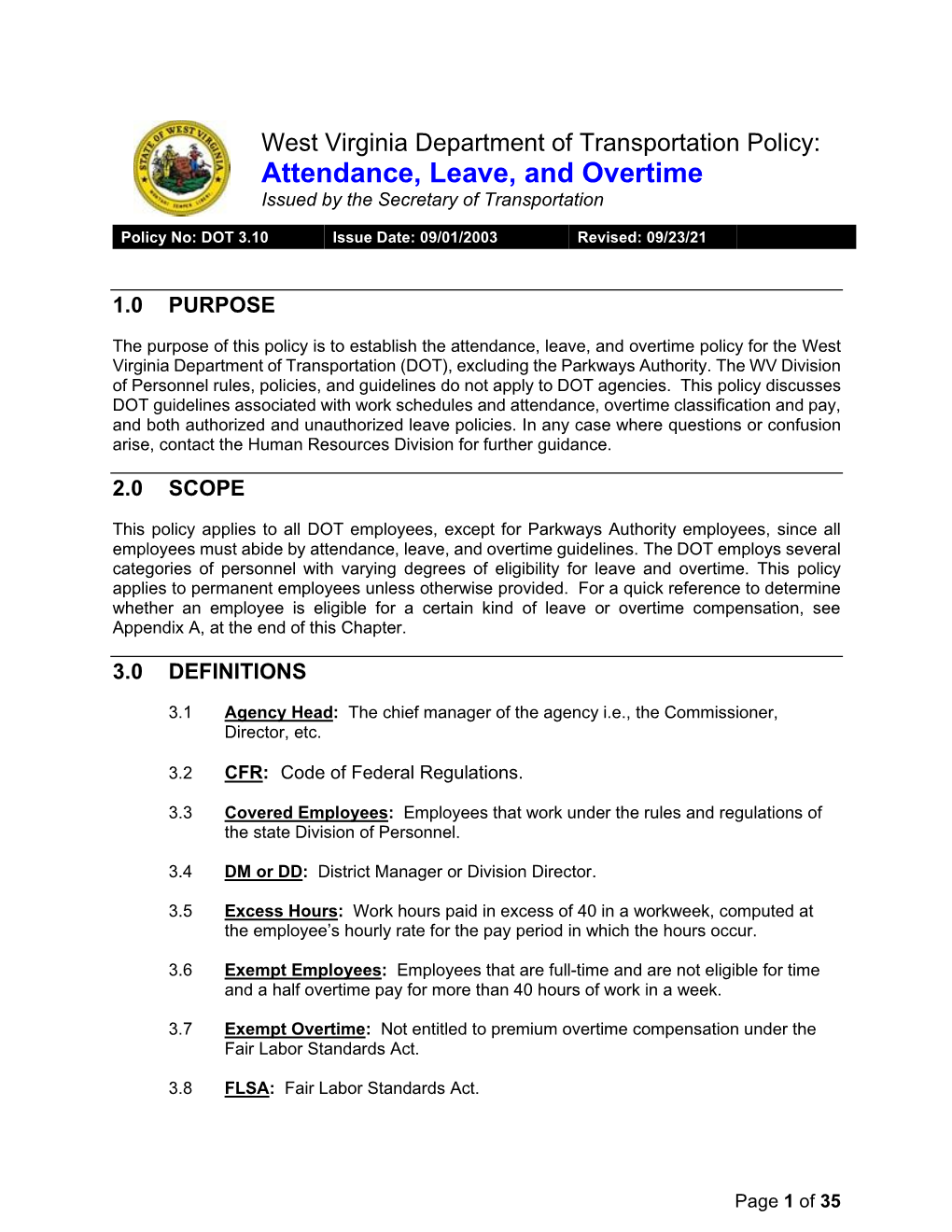 DOT 3.10 Issue Date: 09/01/2003 Revised: 09/23/21