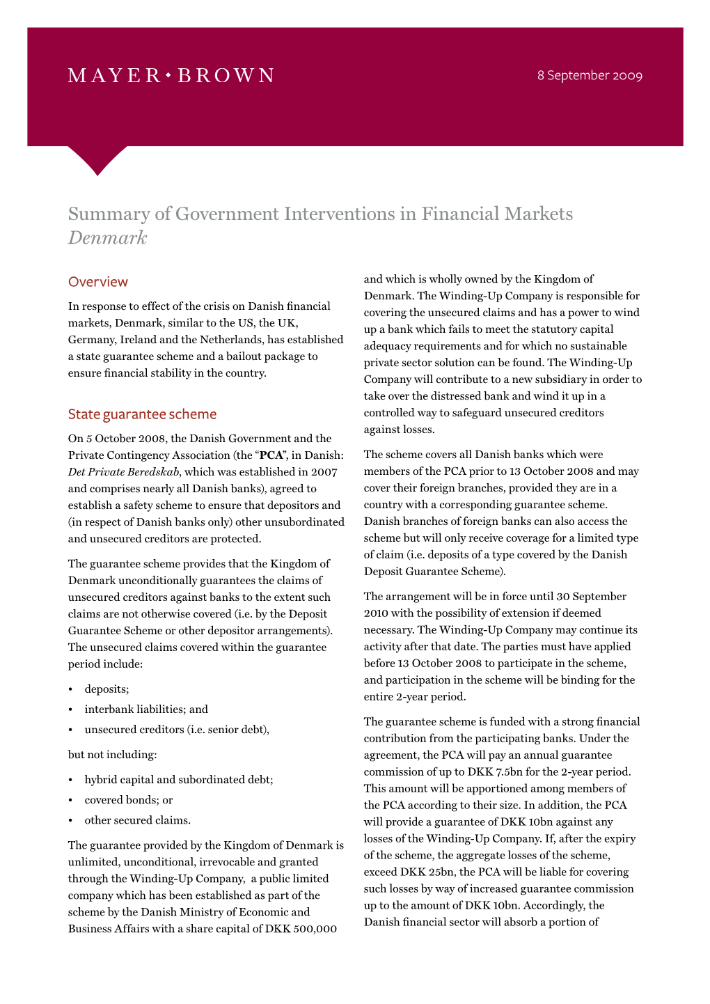 Summary of Government Interventions in Financial Markets Denmark